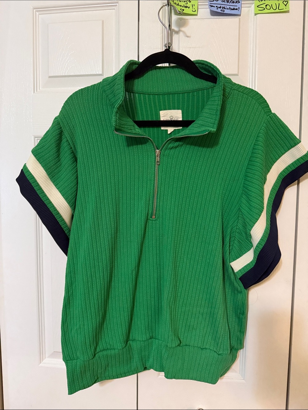 Umgee Green Half-Zip Ribbed Polo with Navy and Cream Sleeve Stripes